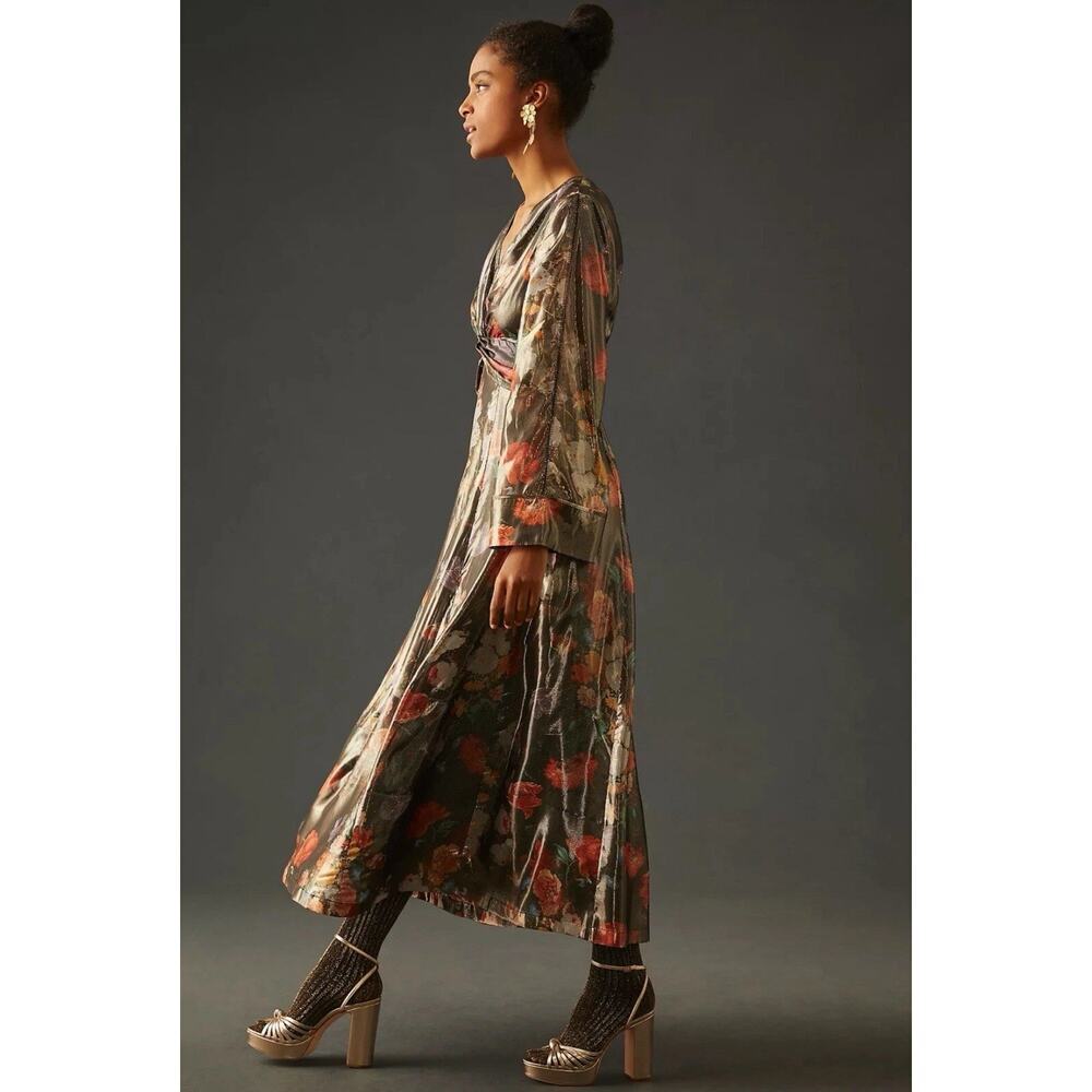 NWT Anthropologie Caballero Deep V Maxi Dress Large Floral Shimmer Fabric New - Picture 4 of 10